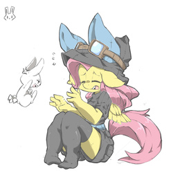 Size: 2480x2480 | Tagged: safe, artist:asprin white rabbit, angel bunny, fluttershy, pegasus, anthro, g4, bunny ears, clothes, costume, dangerous mission outfit, eyes closed, female, goggles, high res, hoodie, open mouth, pixiv, simple background, socks, stockings, thigh highs, white background