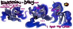 Size: 1000x400 | Tagged: safe, artist:dezy-x29, edit, princess luna, pony, equestria daily, g4, banner, cheese, cute, food, googly eyes, lying down, on back, silly, silly pony, simple background, spread wings, tongue out, transparent background