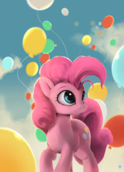 Size: 1300x1800 | Tagged: dead source, safe, artist:noctilucent-arts, pinkie pie, earth pony, pony, g4, balloon, female, mare, smiling, solo