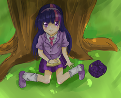 Size: 1377x1112 | Tagged: safe, artist:applestems, twilight sparkle, human, g4, clothes, female, humanized, pleated skirt, shoes, skirt, socks, solo, tree