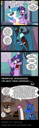 Size: 670x2200 | Tagged: safe, artist:niban-destikim, princess celestia, princess luna, queen chrysalis, twilight sparkle, alicorn, changeling, changeling queen, pony, unicorn, g4, 4 panel comic, angry, broken horn, c:, comic, derp, female, food, frown, glare, glasses, horn, injured, laughing, little caesars, little celestias, magic, open mouth, pizza, reading, smiling, speech bubble, telekinesis, unicorn twilight, wide eyes, yelling