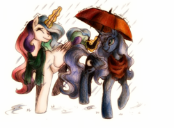 Size: 1014x748 | Tagged: safe, artist:buttersprinkle, princess celestia, princess luna, g4, clothes, colored pencil drawing, duo, rain, scarf, sisters, smiling, traditional art, umbrella