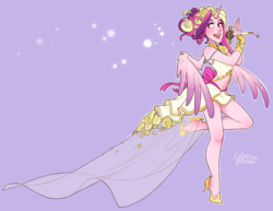 Size: 2048x1583 | Tagged: safe, artist:skirtzzz, princess cadance, human, g4, clothes, crossover, dress, dressphere, female, final fantasy, final fantasy x-2, horn, horned humanization, humanized, microphone, midriff, pony coloring, solo, songstress, wedding dress, winged humanization