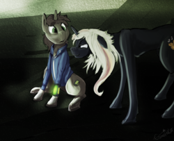 Size: 1280x1037 | Tagged: safe, artist:cometakat, oc, oc only, oc:littlepip, oc:velvet remedy, pony, unicorn, fallout equestria, clothes, duo, fanfic, fanfic art, female, horn, jumpsuit, looking at each other, mare, pipbuck, sitting, vault suit