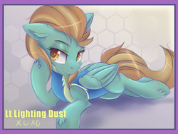 Size: 4800x3600 | Tagged: safe, artist:ardail, lightning dust, pegasus, pony, g4, bedroom eyes, clothes, female, mare, pinup, smiling, solo, wonderbolt trainee uniform, wonderbolts uniform