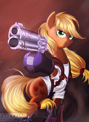 Size: 1636x2248 | Tagged: safe, artist:fluffydus, applejack, g4, boots, butt, clothes, crossover, female, gun, heroes of the storm, plot, shirt, solo, starcraft, weapon