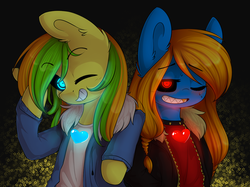 Size: 1024x765 | Tagged: safe, artist:starlyfly, oc, oc only, oc:bronydanceparty, oc:wooden toaster, alternate universe, crossover, duality, duo, ponified, sans (undertale), spoilers for another series, underfell, undertale
