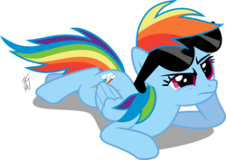 Size: 3000x2127 | Tagged: safe, artist:mlp-scribbles, rainbow dash, g4, lesson zero, female, high res, prone, simple background, solo, sunglasses, transparent background, unamused, vector