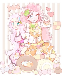 Size: 657x801 | Tagged: safe, artist:nemucure, fluttershy, pinkie pie, equestria girls, g4, candy, clothes, dress, food, pixiv, ponied up