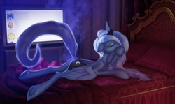 Size: 1280x764 | Tagged: safe, artist:eqamrd, princess luna, alicorn, pony, g4, 2ch, bedroom, butt, explicit source, female, mare, moonbutt, plot, prone, solo, vapor