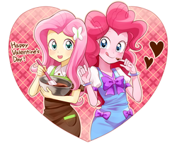 Size: 1570x1275 | Tagged: safe, artist:ryuu, fluttershy, pinkie pie, equestria girls, g4, apron, bowl, bowtie, chocolate, clothes, cute, diapinkes, food, heart, mixing bowl, valentine's day