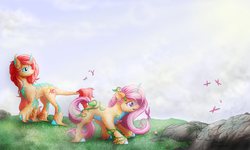 Size: 1024x614 | Tagged: safe, artist:fucal, oc, oc only, oc:evergreen, oc:summer bloom, butterfly, pony, unicorn, duo, flower, unshorn fetlocks