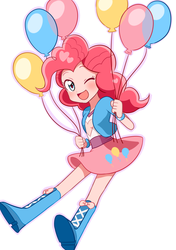 Size: 800x1136 | Tagged: safe, artist:ryuu, pinkie pie, equestria girls, balloon, blushing, boots, clothes, cute, diapinkes, featured image, female, floating, high heel boots, looking at you, one eye closed, open mouth, pixiv, simple background, skirt, smiling, solo, then watch her balloons lift her up to the sky, white background, wink