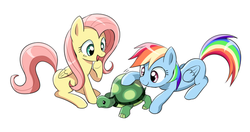 Size: 599x317 | Tagged: safe, artist:ryuu, fluttershy, rainbow dash, tank, pegasus, pony, g4, cute, female, hnnng, mare, open mouth, pixiv, prone, simple background, smiling, white background