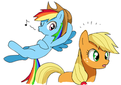 Size: 471x332 | Tagged: safe, artist:ryuu, applejack, rainbow dash, earth pony, pegasus, pony, g4, accessory swap, accessory theft, applejack's hat, cowboy hat, female, flying, hat, lesbian, mare, missing cutie mark, music notes, one eye closed, open mouth, pixiv, reclining, ship:appledash, shipping, simple background, spread wings, whistling, white background, wings