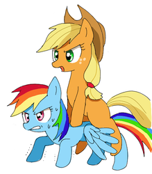 Size: 425x485 | Tagged: safe, artist:ryuu, applejack, rainbow dash, earth pony, pegasus, pony, g4, applejack's hat, cowboy hat, exercise, female, freckles, gritted teeth, hat, lesbian, misleading thumbnail, missing cutie mark, open mouth, pixiv, ponies riding ponies, push-ups, riding, ship:appledash, shipping, simple background, spread wings, sweat, teeth, white background, wings