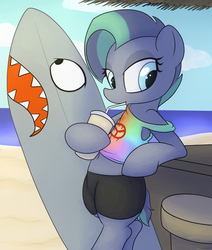 Size: 1100x1300 | Tagged: safe, artist:datte-before-dawn, oc, oc only, oc:kahuna, pony, shark, beach, belly button, bipedal, clothes, drink, drinking, food, midriff, soda, straw, surfboard