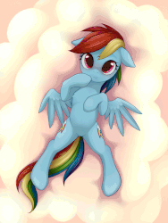 Size: 1000x1333 | Tagged: safe, artist:rainbow, rainbow dash, pegasus, pony, g4, animated, blinking, both cutie marks, cloud, cute, dashabetes, eye shimmer, female, floppy ears, hoof on chest, hoof on chin, looking at you, lying, mare, on a cloud, on back, smiling, solo, spread legs, spread wings, spreading, wings