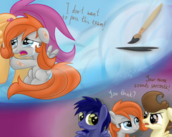 Size: 1024x819 | Tagged: safe, artist:redheadfly, pound cake, scootaloo, oc, oc:blazing sky, oc:lucky fly, g4, bandaid, crying, older