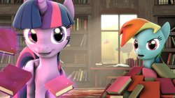 Size: 1920x1080 | Tagged: safe, artist:neondion60, rainbow dash, twilight sparkle, alicorn, pony, g4, 3d, book, female, magic, mare, source filmmaker, twilight sparkle (alicorn)