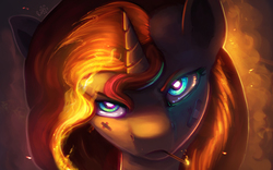 Size: 6000x3750 | Tagged: safe, artist:rain-gear, sunset shimmer, pony, unicorn, g4, badass, bandage, blue eyes, bust, dark, female, fiery shimmer, fire, frown, glowing eyes, looking at you, mane of fire, matchstick, portrait, solo, sunset shimmer is not amused, unamused, wallpaper