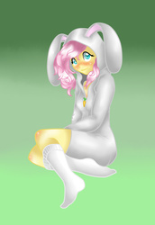 Size: 557x811 | Tagged: safe, artist:nevera573, fluttershy, human, g4, bunny costume, bunny hood, bunnyshy, clothes, female, humanized, socks, solo