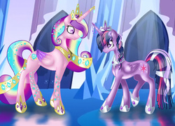 Size: 1004x723 | Tagged: safe, artist:nevera573, princess cadance, twilight sparkle, alicorn, pony, g4, female, mare, older, regalia, twilight sparkle (alicorn)