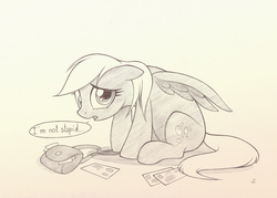 Size: 890x638 | Tagged: safe, artist:sherwoodwhisper, derpy hooves, pegasus, pony, g4, female, floppy ears, mail, mailbag, mailmare, mare, monochrome, sad, solo, speech bubble, traditional art