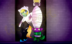 Size: 2600x1600 | Tagged: safe, artist:woogiegirl, mane-iac, g4, bondage, cocoon, crossover, gag, gwen stacy, hanging, hung upside down, male, mummification, ponified, spider web, spider-gwen, spider-man, tied up, upside down, watermark