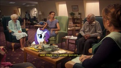 Size: 1136x640 | Tagged: safe, edit, edited screencap, screencap, rarity, pony, g4, closed captioning, crossover, derek (tv series), text, tv show