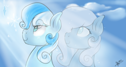 Size: 1280x686 | Tagged: safe, artist:disneybrony2012, artist:mrscurlystyles, oc, oc only, oc:snow pillow, oc:snowdrop, blind, sunlight