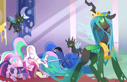 Size: 900x585 | Tagged: safe, artist:parfywarfy, princess cadance, princess celestia, princess luna, queen chrysalis, twilight sparkle, alicorn, changeling, changeling queen, pony, g4, accessory theft, bad end, bowing, celestia's crown, crown, face down ass up, female, mare, missing accessory, peytral, regalia, the bad guy wins, twilight sparkle (alicorn)