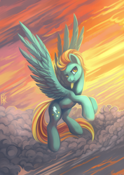 Size: 1770x2500 | Tagged: safe, artist:dragonataxia, lightning dust, pegasus, pony, g4, cloud, female, flying, sky, smirk, solo