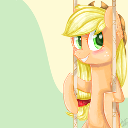 Size: 1000x1000 | Tagged: safe, artist:scroll-with-feather, applejack, g4, female, grin, solo, swing