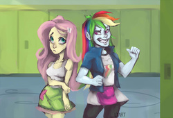 Size: 1100x748 | Tagged: safe, artist:lya, fluttershy, rainbow dash, equestria girls, g4, colored, digital art, female, lesbian, ship:flutterdash, shipping, standing