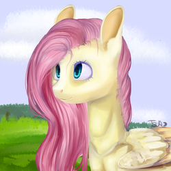 Size: 1000x1000 | Tagged: safe, artist:sashamarkova, fluttershy, g4, bust, colored pupils, female, looking away, solo