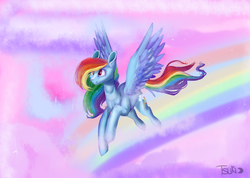 Size: 1500x1069 | Tagged: safe, artist:sashamarkova, rainbow dash, g4, cloud, female, flying, solo