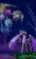 Size: 2100x3387 | Tagged: safe, artist:sashamarkova, applejack, fluttershy, pinkie pie, rainbow dash, rarity, twilight sparkle, alicorn, pony, g4, female, high res, immortality, immortality blues, looking up, mane six, mare, memories, night, signature, solo, spread wings, stars, twilight sparkle (alicorn), twilight will outlive her friends