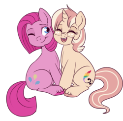 Size: 550x537 | Tagged: safe, artist:lulubell, pinkie pie, oc, oc:lulubell, g4, canon x oc, nuzzling, pinkamena diane pie, shipping, simple background, transparent background