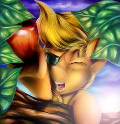 Size: 1000x1035 | Tagged: safe, artist:ferasor, applejack, g4, apple, female, food, leaves, lens flare, open mouth, solo, underhoof, wink