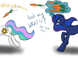 Size: 1024x768 | Tagged: dead source, safe, artist:alexcreations, princess celestia, princess luna, alicorn, pony, g4, angry, carrot, chase, context is for the weak, duo, food, frown, glare, gritted teeth, levitation, magic, missing accessory, running, sisters, telekinesis, throwing