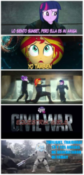 Size: 576x1200 | Tagged: safe, artist:themexicanpunisher, starlight glimmer, sunset shimmer, trixie, twilight sparkle, equestria girls, g4, no second prances, captain america, captain america: civil war, counterparts, crossover, fn-2199, parody, spanish, spoilers for another series, star wars, star wars: the force awakens, stormtrooper, tr-8r, translated in the comments, twilight's counterparts