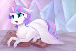 Size: 1024x694 | Tagged: safe, artist:chiweee, princess flurry heart, g4, season 6, blushing, colored wings, cute, female, filly, flurrybetes, lying down, multicolored hair, multicolored wings, pillow, solo, yawn