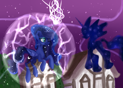 Size: 4188x3000 | Tagged: safe, artist:purplesquidz, princess luna, tantabus, alicorn, pony, do princesses dream of magic sheep, g4, my little pony: friendship is magic, female, force field, house, magic, mare, scene interpretation, solo