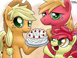 Size: 1024x768 | Tagged: safe, artist:gamijack, apple bloom, applejack, big macintosh, earth pony, pony, g4, birthday cake, cake, cute, food, happy birthday, male, open mouth, stallion