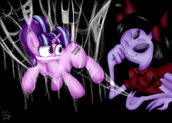 Size: 1280x914 | Tagged: safe, artist:paulpeopless, starlight glimmer, g4, bondage, crossover, gag, muffet, spider web, this will end in tears and/or death, undertale