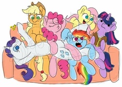 Size: 527x379 | Tagged: safe, artist:sweetheart-arts, applejack, fluttershy, pinkie pie, rainbow dash, rarity, twilight sparkle, g4, couch, draw the squad, mane six