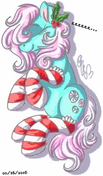 Size: 601x1024 | Tagged: safe, artist:sweetheart-arts, minty, g3, g4, clothes, female, g3 to g4, generation leap, holly, socks, solo, striped socks, zzz