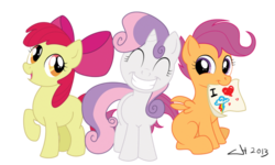 Size: 600x359 | Tagged: safe, artist:ironraptor, apple bloom, scootaloo, sweetie belle, g4, cute, cutie mark crusaders, drawing, smiling