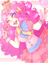 Size: 695x900 | Tagged: safe, artist:usagikari, pinkie pie, human, g4, candy, candy cane, clothes, dress, female, food, humanized, lollipop, solo, wink